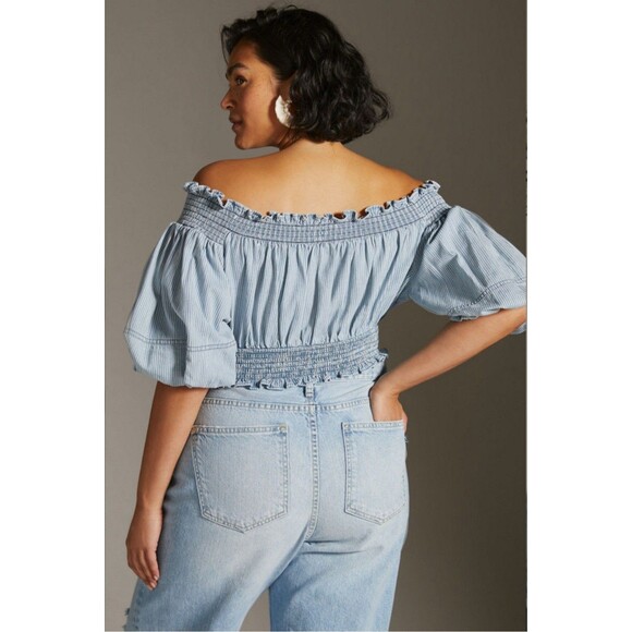Anthropologie Porridge Top Sz L Ruby Off Shoulder Cropped Denim Striped Boho - Picture 5 of 16